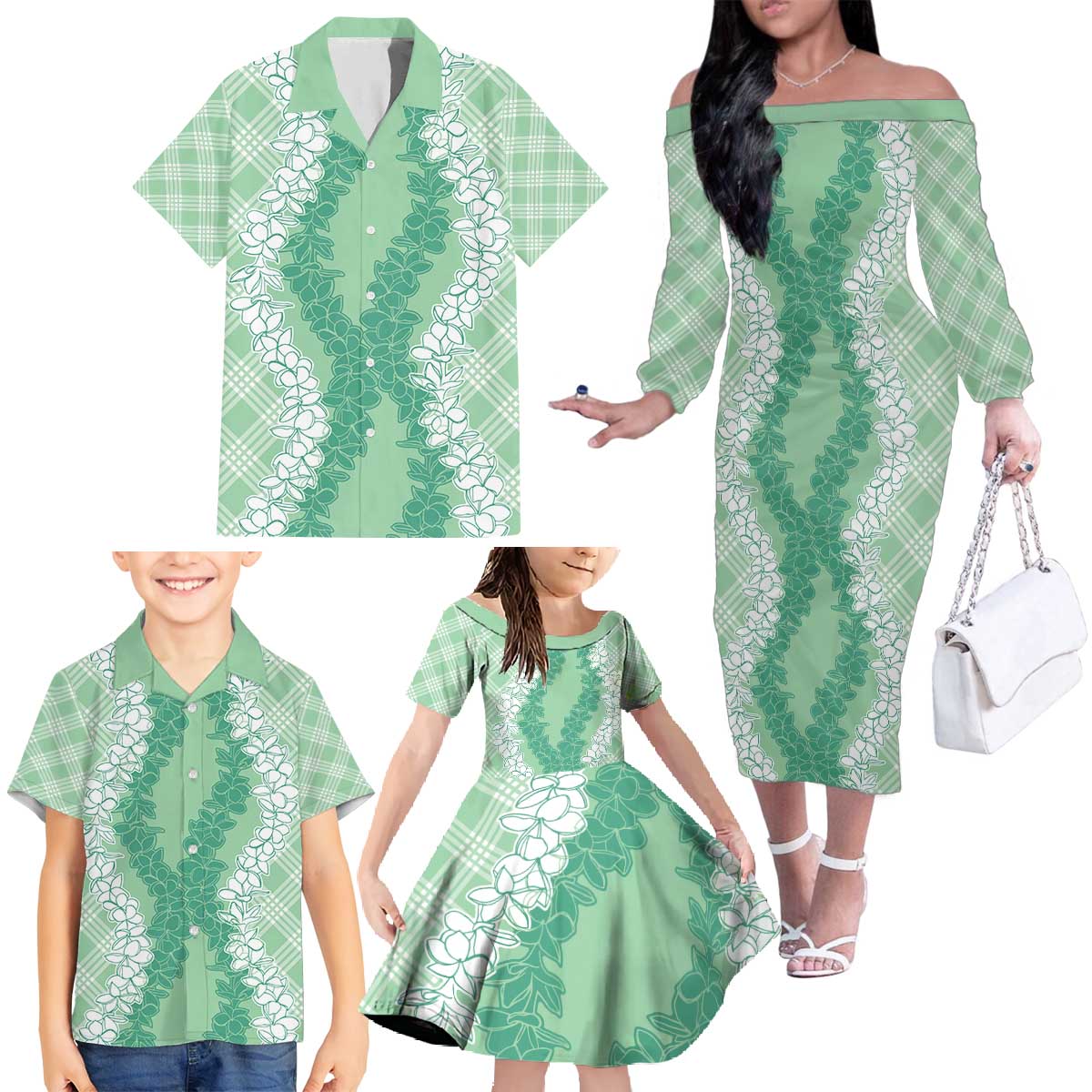 Hawaii Aloha Plumeria Lei Mint Palaka Family Matching Off The Shoulder Long Sleeve Dress and Hawaiian Shirt LT7 - Polynesian Pride
