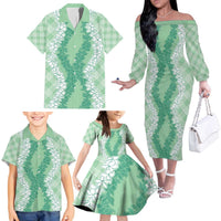 Hawaii Aloha Plumeria Lei Mint Palaka Family Matching Off The Shoulder Long Sleeve Dress and Hawaiian Shirt LT7 - Polynesian Pride