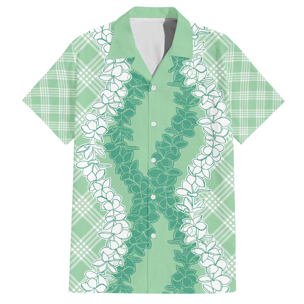 Hawaii Aloha Plumeria Lei Mint Palaka Family Matching Off The Shoulder Long Sleeve Dress and Hawaiian Shirt LT7 Dad's Shirt - Short Sleeve Mint - Polynesian Pride