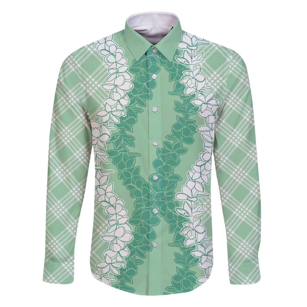 Hawaii Aloha Plumeria Lei Mint Palaka Family Matching Off The Shoulder Long Sleeve Dress and Hawaiian Shirt LT7 Dad's Shirt - Long Sleeve Mint - Polynesian Pride