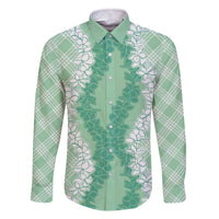 Hawaii Aloha Plumeria Lei Mint Palaka Family Matching Off The Shoulder Long Sleeve Dress and Hawaiian Shirt LT7 Dad's Shirt - Long Sleeve Mint - Polynesian Pride
