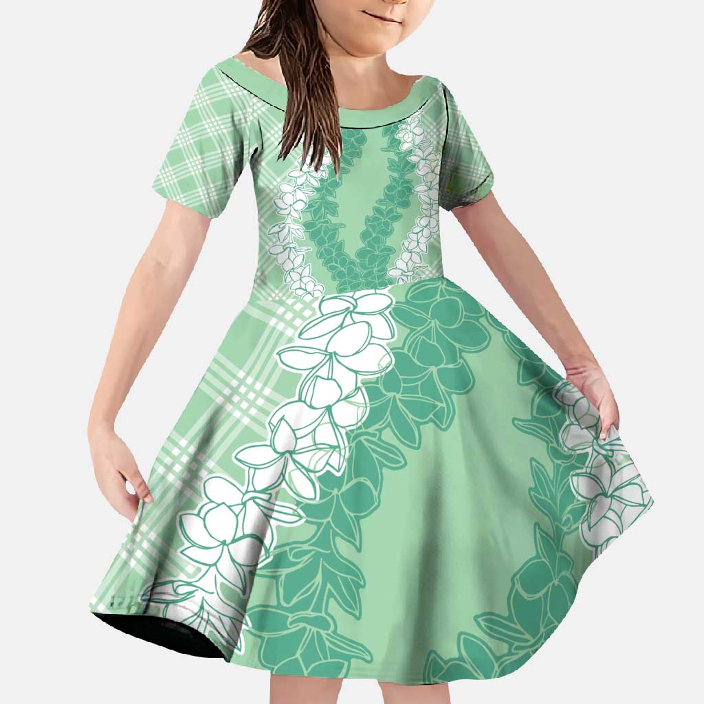 Hawaii Aloha Plumeria Lei Mint Palaka Family Matching Off Shoulder Maxi Dress and Hawaiian Shirt LT7 Daughter's Dress Mint - Polynesian Pride