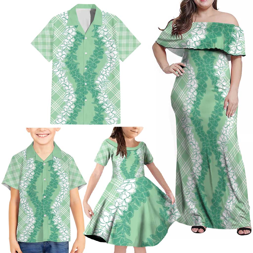 Hawaii Aloha Plumeria Lei Mint Palaka Family Matching Off Shoulder Maxi Dress and Hawaiian Shirt LT7 - Polynesian Pride