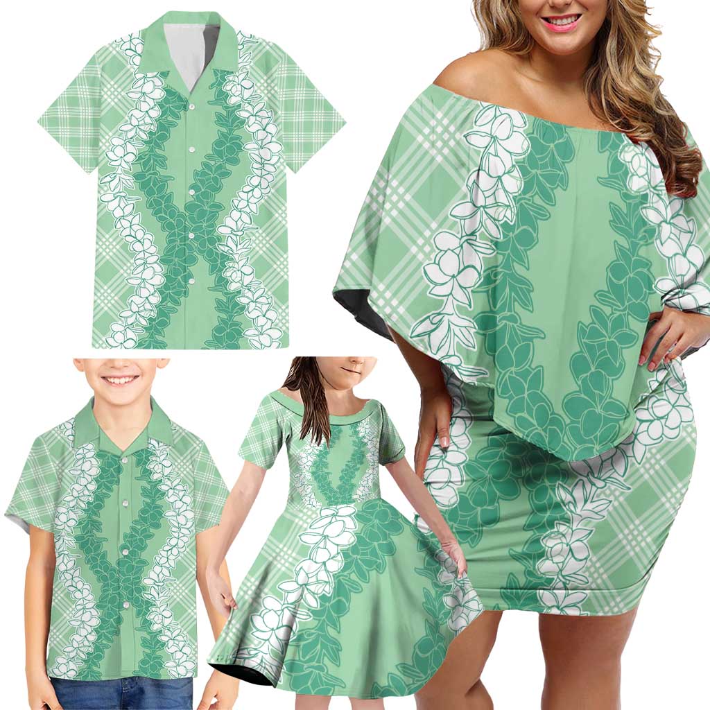 Hawaii Aloha Plumeria Lei Mint Palaka Family Matching Off Shoulder Short Dress and Hawaiian Shirt LT7 - Polynesian Pride