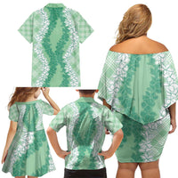Hawaii Aloha Plumeria Lei Mint Palaka Family Matching Off Shoulder Short Dress and Hawaiian Shirt LT7 - Polynesian Pride