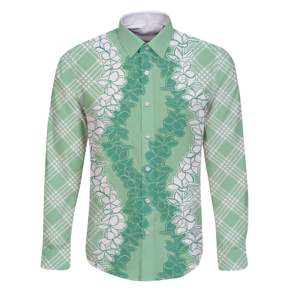 Hawaii Aloha Plumeria Lei Mint Palaka Family Matching Off Shoulder Short Dress and Hawaiian Shirt LT7 Dad's Shirt - Long Sleeve Mint - Polynesian Pride