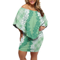 Hawaii Aloha Plumeria Lei Mint Palaka Family Matching Off Shoulder Short Dress and Hawaiian Shirt LT7 Mom's Dress Mint - Polynesian Pride