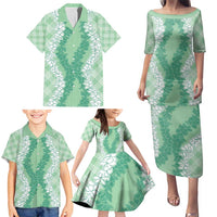 Hawaii Aloha Plumeria Lei Mint Palaka Family Matching Puletasi and Hawaiian Shirt - Polynesian Pride
