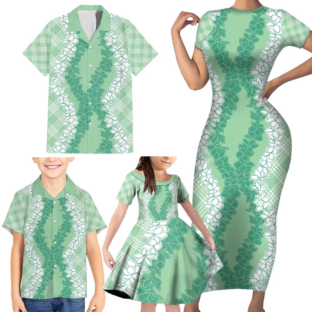 Hawaii Aloha Plumeria Lei Mint Palaka Family Matching Short Sleeve Bodycon Dress and Hawaiian Shirt LT7 - Polynesian Pride
