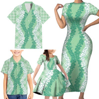 Hawaii Aloha Plumeria Lei Mint Palaka Family Matching Short Sleeve Bodycon Dress and Hawaiian Shirt LT7 - Polynesian Pride