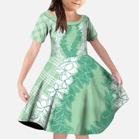Hawaii Aloha Plumeria Lei Mint Palaka Kid Short Sleeve Dress - Polynesian Pride