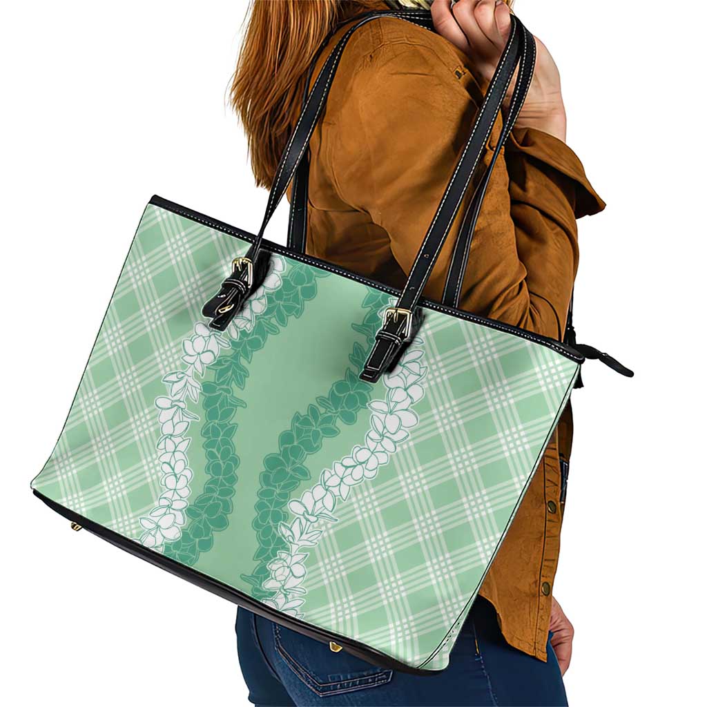 Hawaii Aloha Plumeria Lei Mint Palaka Leather Tote Bag - Polynesian Pride