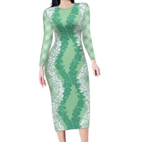 Hawaii Aloha Plumeria Lei Mint Palaka Long Sleeve Bodycon Dress - Polynesian Pride