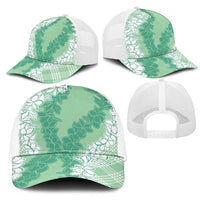 Hawaii Aloha Plumeria Lei Mint Palaka Mesh Trucker Cap - Polynesian Pride