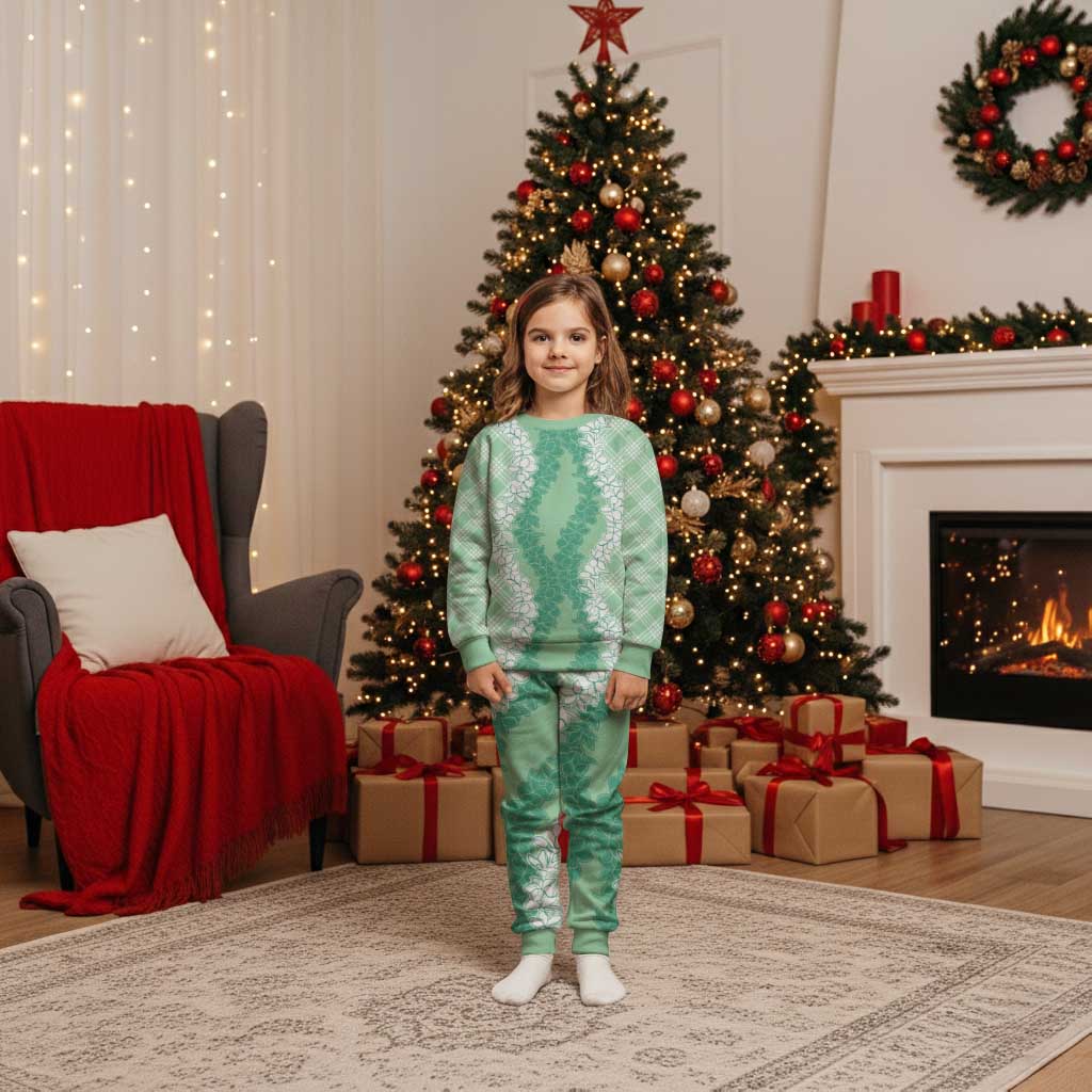 Hawaii Aloha Plumeria Lei Mint Palaka Christmas Pajama Set - Polynesian Pride
