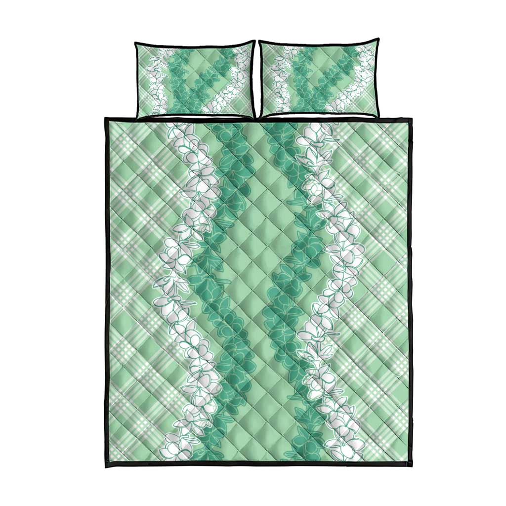 Hawaii Aloha Plumeria Lei Mint Palaka Quilt Bed Set - Polynesian Pride