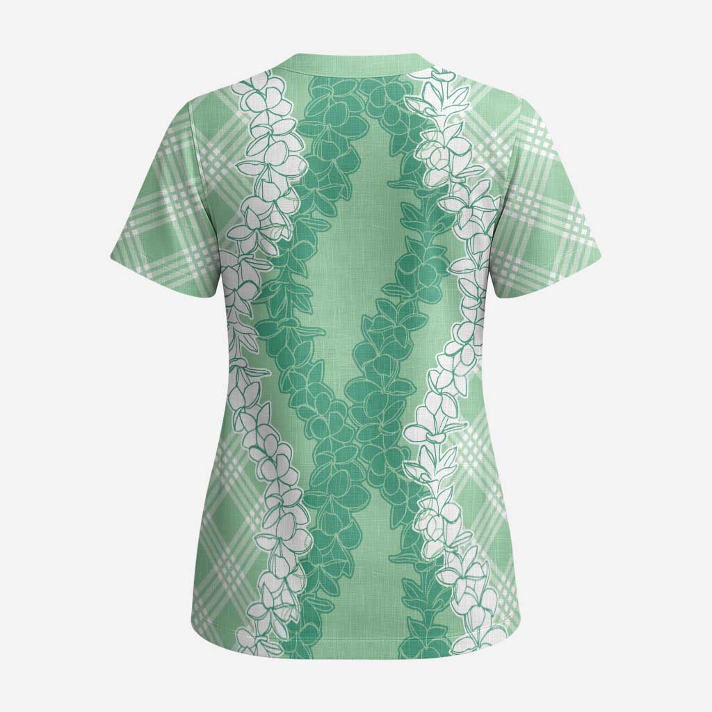 Hawaii Aloha Plumeria Lei Mint Palaka Scrub Top - Polynesian Pride
