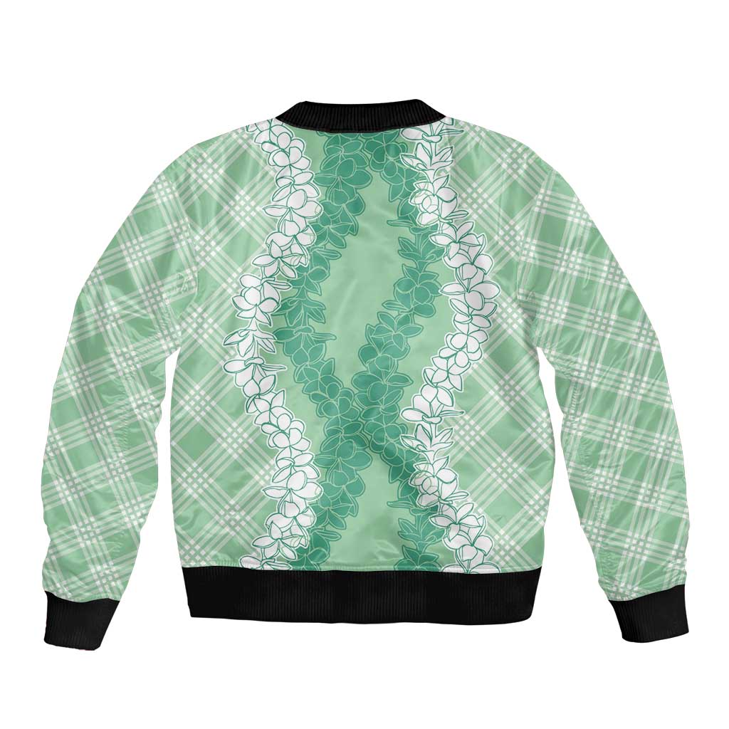 Hawaii Aloha Plumeria Lei Mint Palaka Sleeve Zip Bomber Jacket - Polynesian Pride