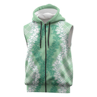 Hawaii Aloha Plumeria Lei Mint Palaka Sleeveless Zip Hoodie - Polynesian Pride