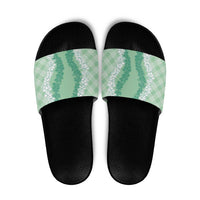 Hawaii Aloha Plumeria Lei Mint Palaka Slide Sandals - Polynesian Pride
