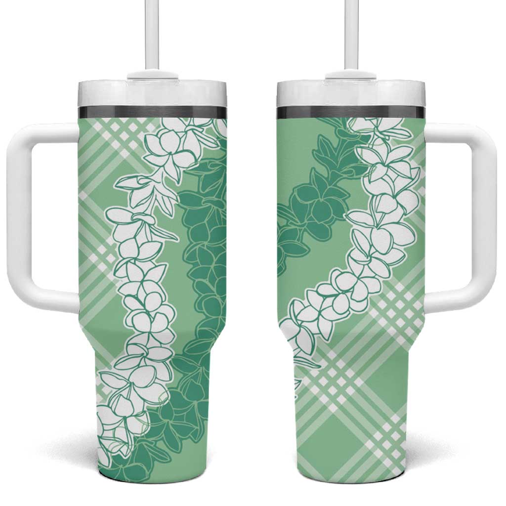 Hawaii Aloha Plumeria Lei Mint Palaka Tumbler With Handle - Polynesian Pride
