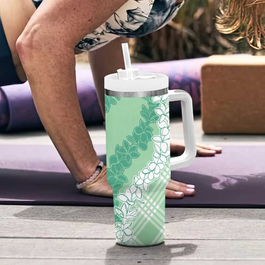 Hawaii Aloha Plumeria Lei Mint Palaka Tumbler With Handle - Polynesian Pride