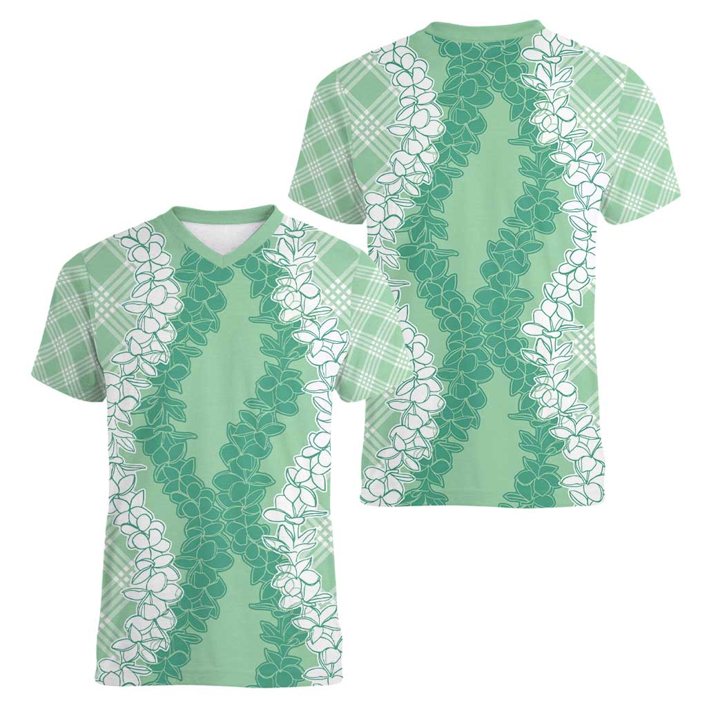 Hawaii Aloha Plumeria Lei Mint Palaka Women V-Neck T-Shirt LT7 - Polynesian Pride