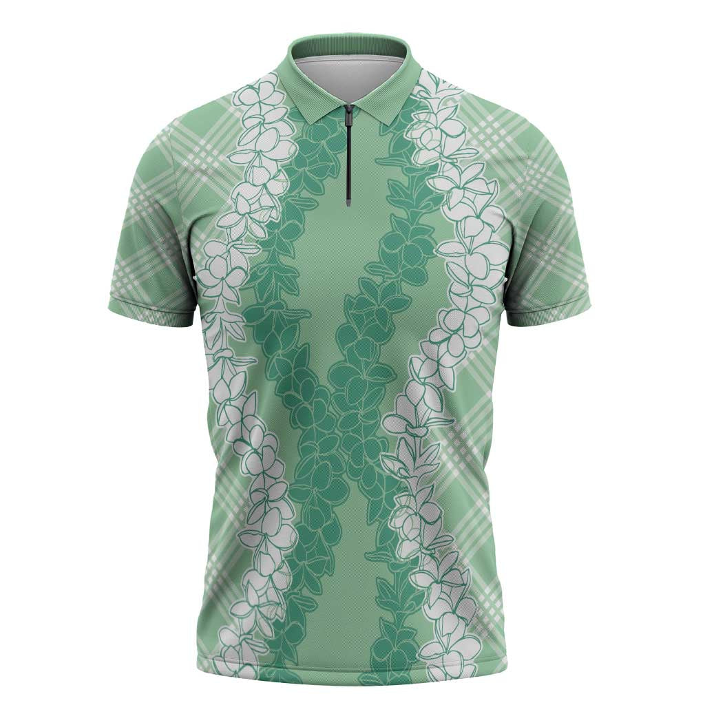 Hawaii Aloha Plumeria Lei Mint Palaka Zipper Polo Shirt - Polynesian Pride