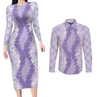 Hawaii Aloha Plumeria Lei Lavender Palaka Couples Matching Long Sleeve Bodycon Dress and Long Sleeve Button Shirt - Polynesian Pride