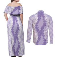 Hawaii Aloha Plumeria Lei Lavender Palaka Couples Matching Off Shoulder Maxi Dress and Long Sleeve Button Shirt - Polynesian Pride
