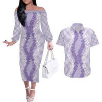 Hawaii Aloha Plumeria Lei Lavender Palaka Couples Matching Off The Shoulder Long Sleeve Dress and Hawaiian Shirt LT7 Lavender - Polynesian Pride