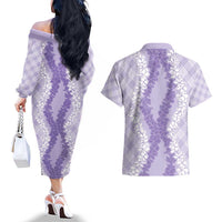 Hawaii Aloha Plumeria Lei Lavender Palaka Couples Matching Off The Shoulder Long Sleeve Dress and Hawaiian Shirt LT7 - Polynesian Pride