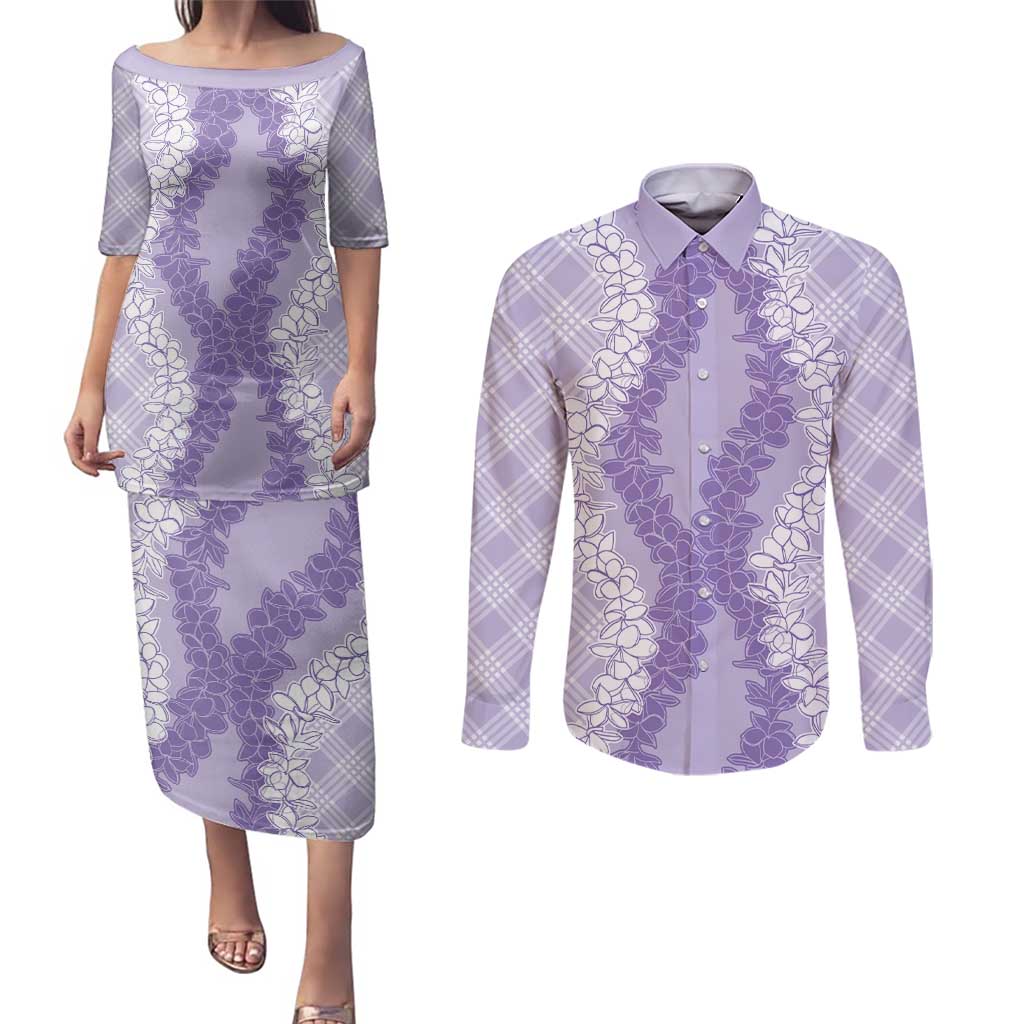 Hawaii Aloha Plumeria Lei Lavender Palaka Couples Matching Puletasi and Long Sleeve Button Shirt - Polynesian Pride