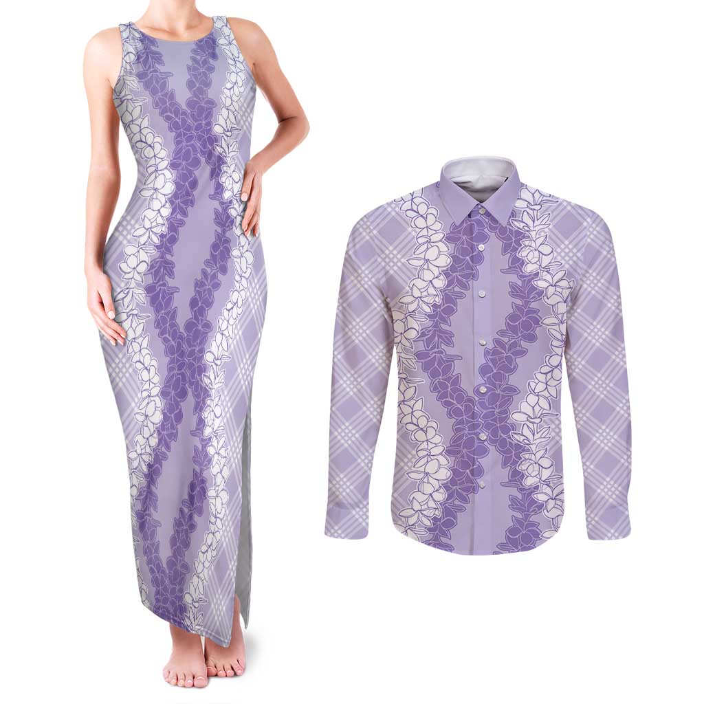 Hawaii Aloha Plumeria Lei Lavender Palaka Couples Matching Tank Maxi Dress and Long Sleeve Button Shirt - Polynesian Pride