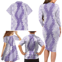Hawaii Aloha Plumeria Lei Lavender Palaka Family Matching Long Sleeve Bodycon Dress and Hawaiian Shirt LT7 - Polynesian Pride