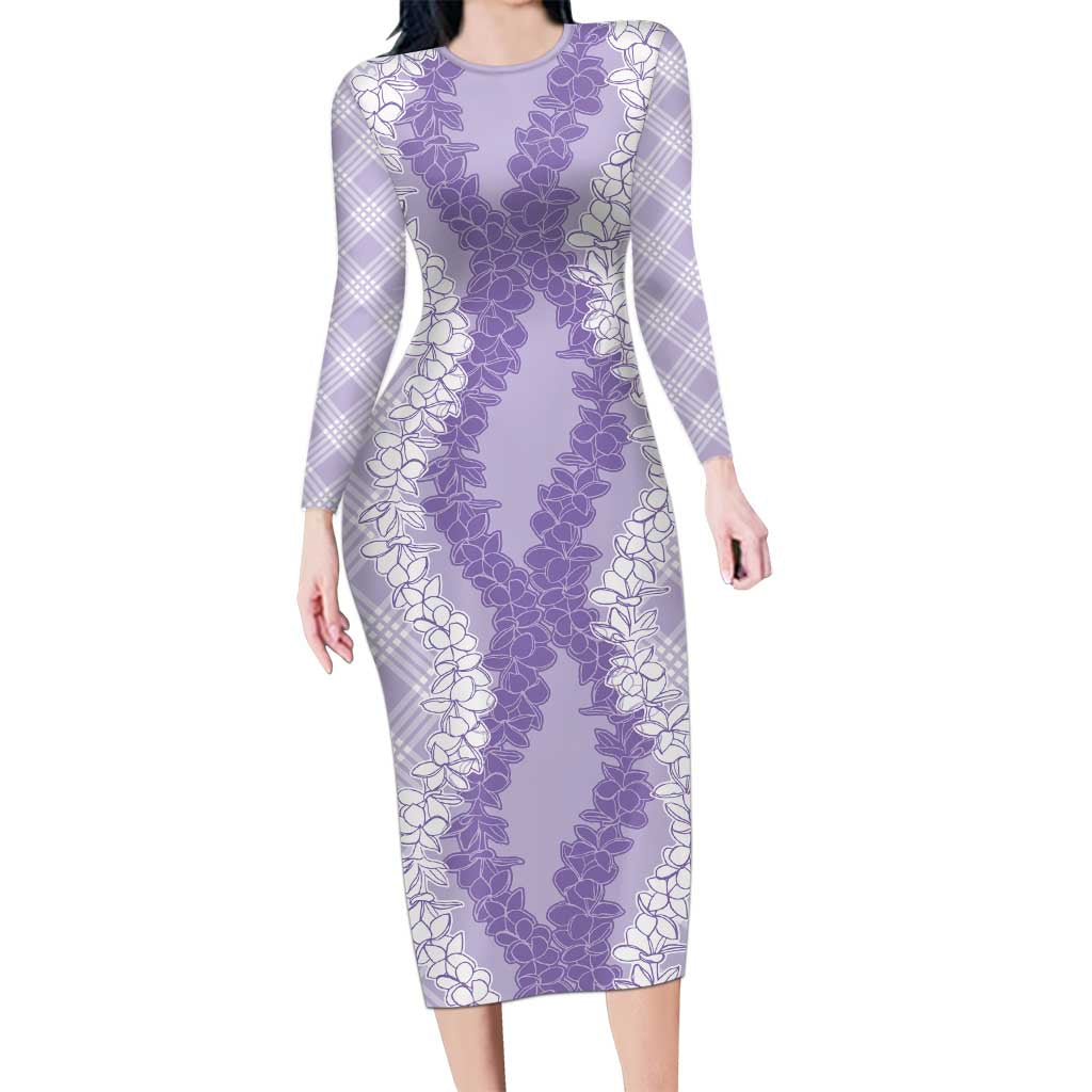 Hawaii Aloha Plumeria Lei Lavender Palaka Family Matching Long Sleeve Bodycon Dress and Hawaiian Shirt LT7 Mom's Dress Lavender - Polynesian Pride