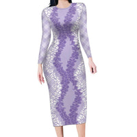 Hawaii Aloha Plumeria Lei Lavender Palaka Family Matching Long Sleeve Bodycon Dress and Hawaiian Shirt LT7 Mom's Dress Lavender - Polynesian Pride