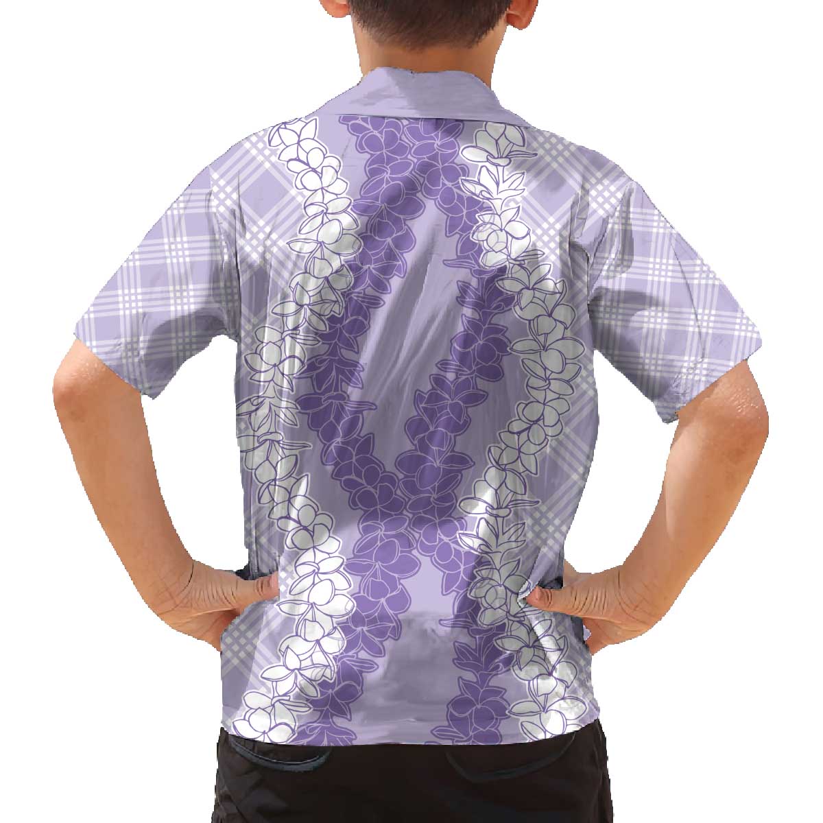 Hawaii Aloha Plumeria Lei Lavender Palaka Family Matching Off The Shoulder Long Sleeve Dress and Hawaiian Shirt LT7 - Polynesian Pride