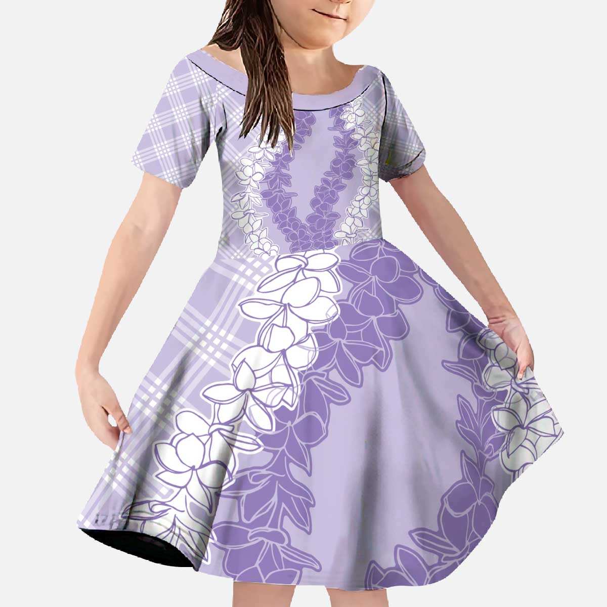 Hawaii Aloha Plumeria Lei Lavender Palaka Family Matching Off The Shoulder Long Sleeve Dress and Hawaiian Shirt LT7 Daughter's Dress Lavender - Polynesian Pride