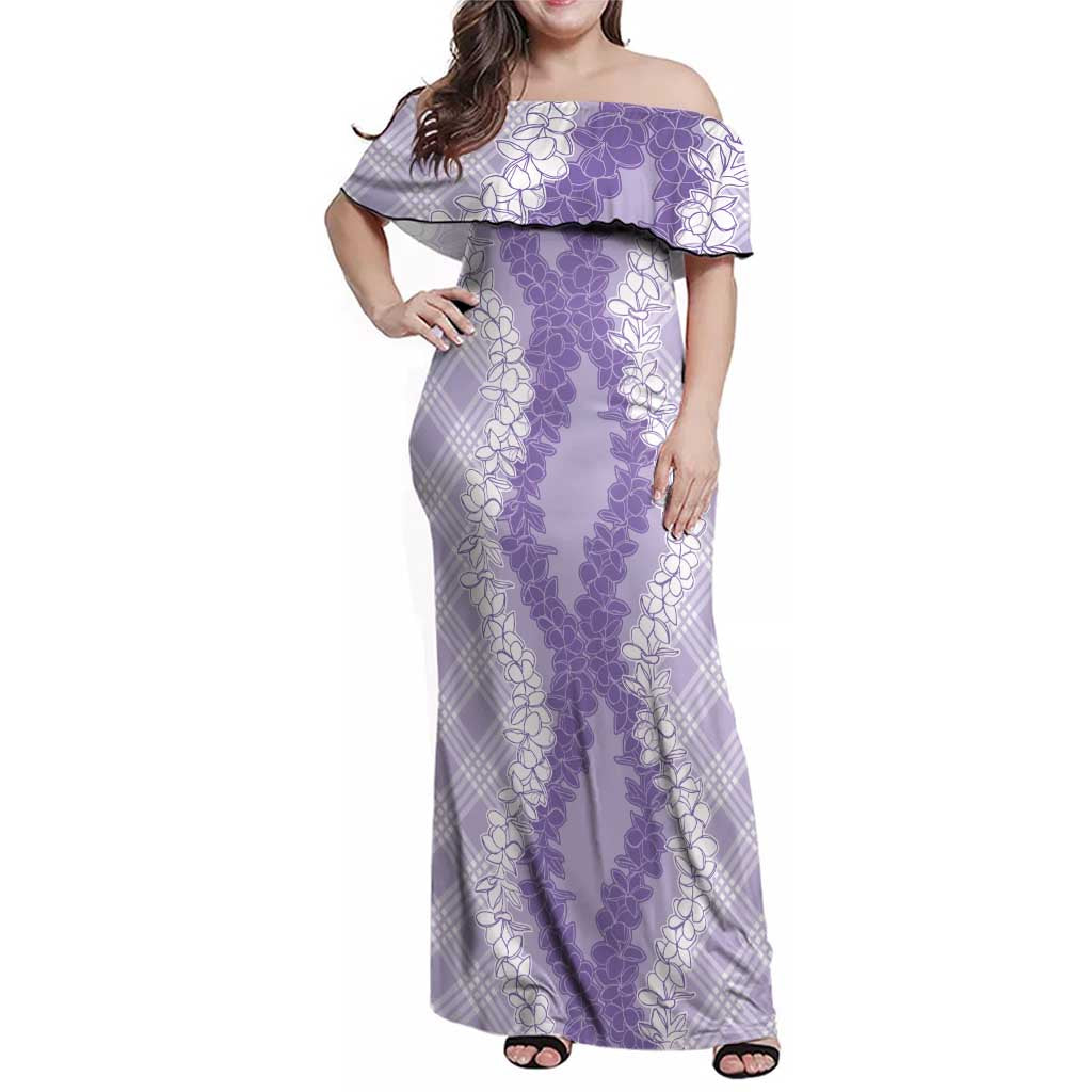 Hawaii Aloha Plumeria Lei Lavender Palaka Family Matching Off Shoulder Maxi Dress and Hawaiian Shirt LT7 Mom's Dress Lavender - Polynesian Pride