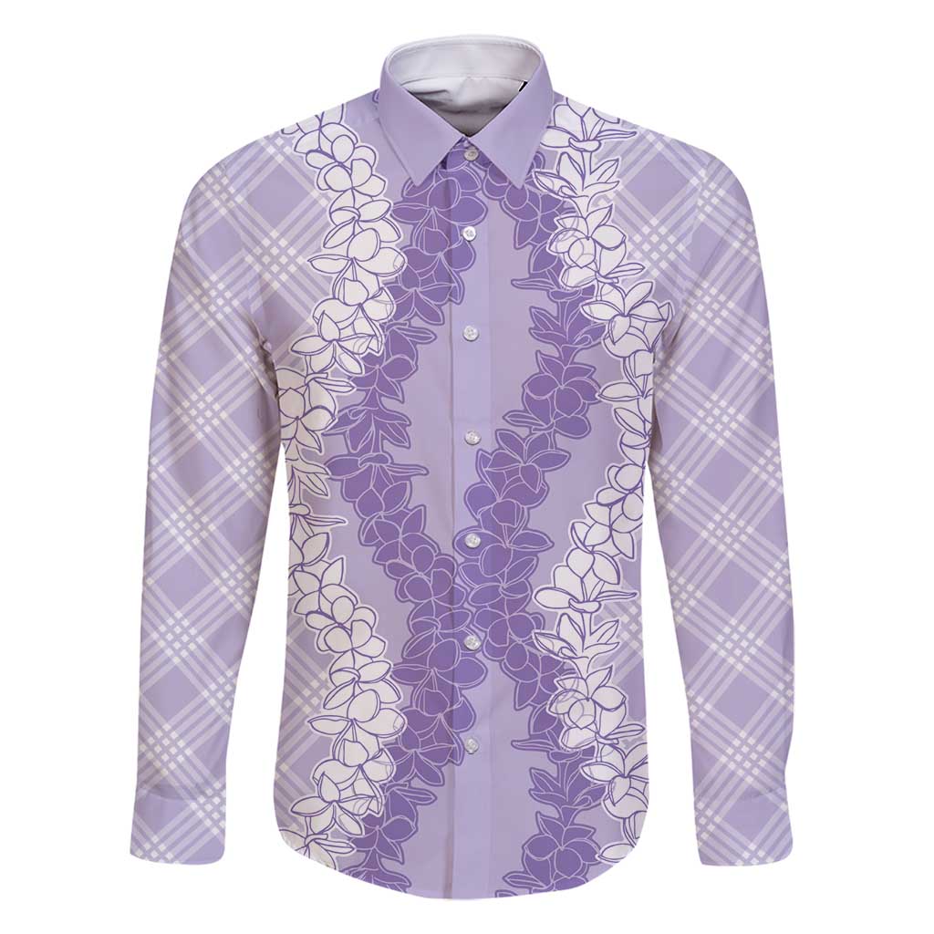Hawaii Aloha Plumeria Lei Lavender Palaka Family Matching Off Shoulder Short Dress and Hawaiian Shirt LT7 Dad's Shirt - Long Sleeve Lavender - Polynesian Pride