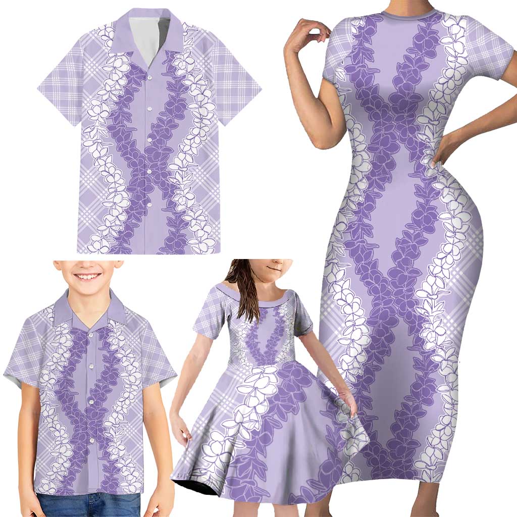 Hawaii Aloha Plumeria Lei Lavender Palaka Family Matching Short Sleeve Bodycon Dress and Hawaiian Shirt LT7 - Polynesian Pride