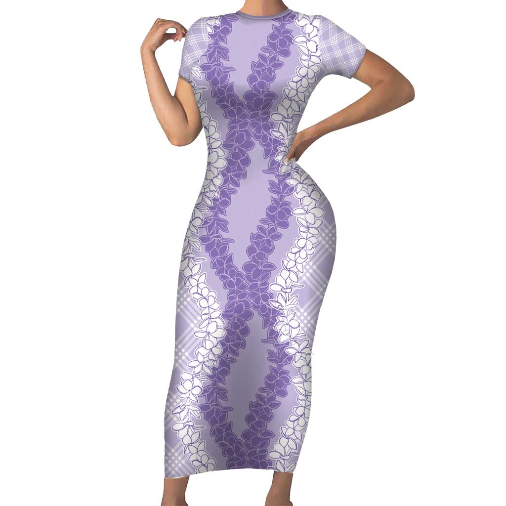Hawaii Aloha Plumeria Lei Lavender Palaka Family Matching Short Sleeve Bodycon Dress and Hawaiian Shirt LT7 Mom's Dress Lavender - Polynesian Pride