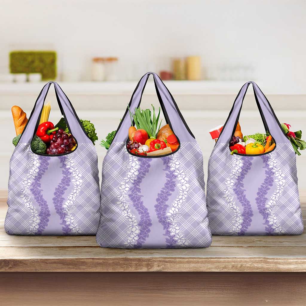 Hawaii Aloha Plumeria Lei Lavender Palaka Grocery Bag - Polynesian Pride
