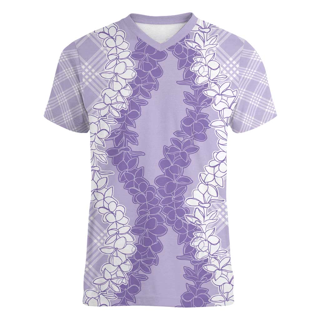Hawaii Aloha Plumeria Lei Lavender Palaka Women V-Neck T-Shirt - Polynesian Pride