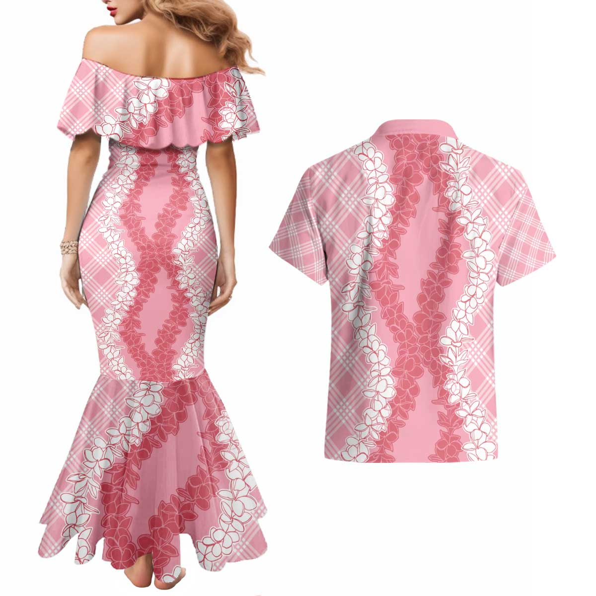 Hawaii Aloha Plumeria Lei Pink Palaka Couples Matching Mermaid Dress and Hawaiian Shirt - Polynesian Pride