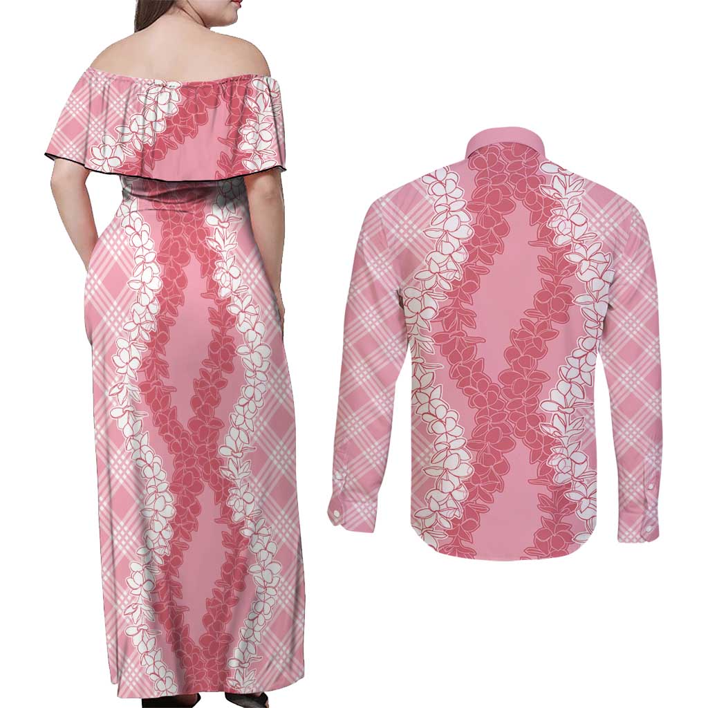 Hawaii Aloha Plumeria Lei Pink Palaka Couples Matching Off Shoulder Maxi Dress and Long Sleeve Button Shirt - Polynesian Pride