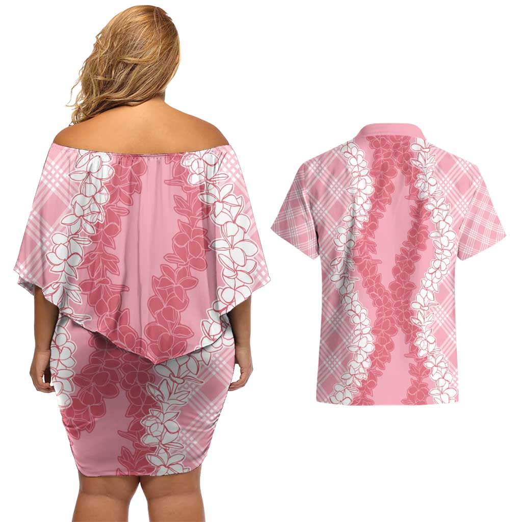 Hawaii Aloha Plumeria Lei Pink Palaka Couples Matching Off Shoulder Short Dress and Hawaiian Shirt LT7 - Polynesian Pride