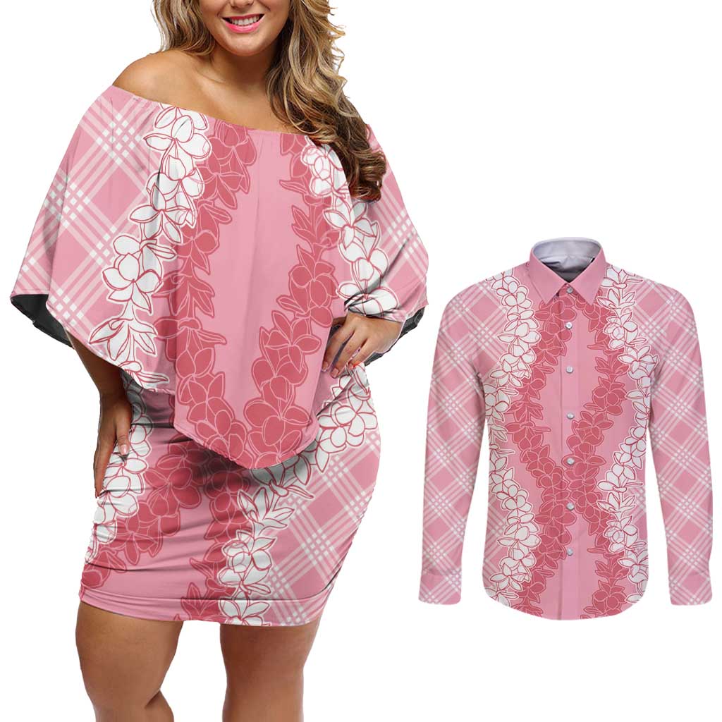 Hawaii Aloha Plumeria Lei Pink Palaka Couples Matching Off Shoulder Short Dress and Long Sleeve Button Shirt - Polynesian Pride