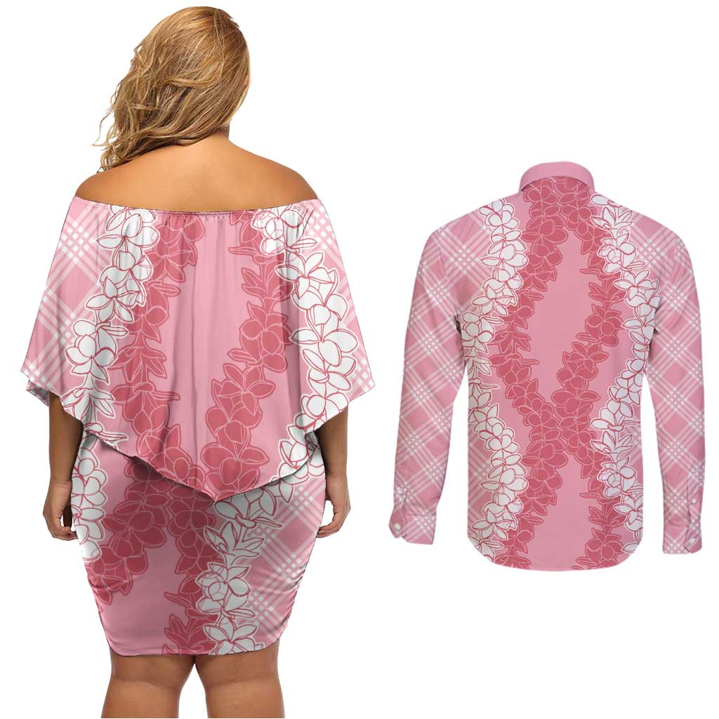 Hawaii Aloha Plumeria Lei Pink Palaka Couples Matching Off Shoulder Short Dress and Long Sleeve Button Shirt - Polynesian Pride